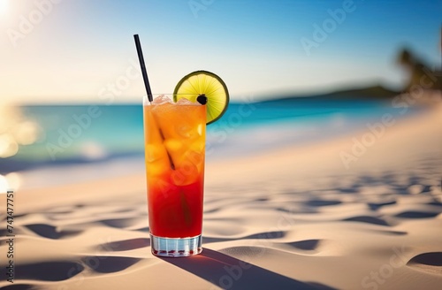 Mocktail on light beach background. The ice drink in the beach.