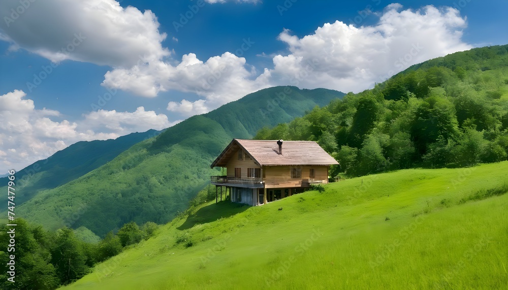 Wooden house in the green mountains with blue sky and clouds