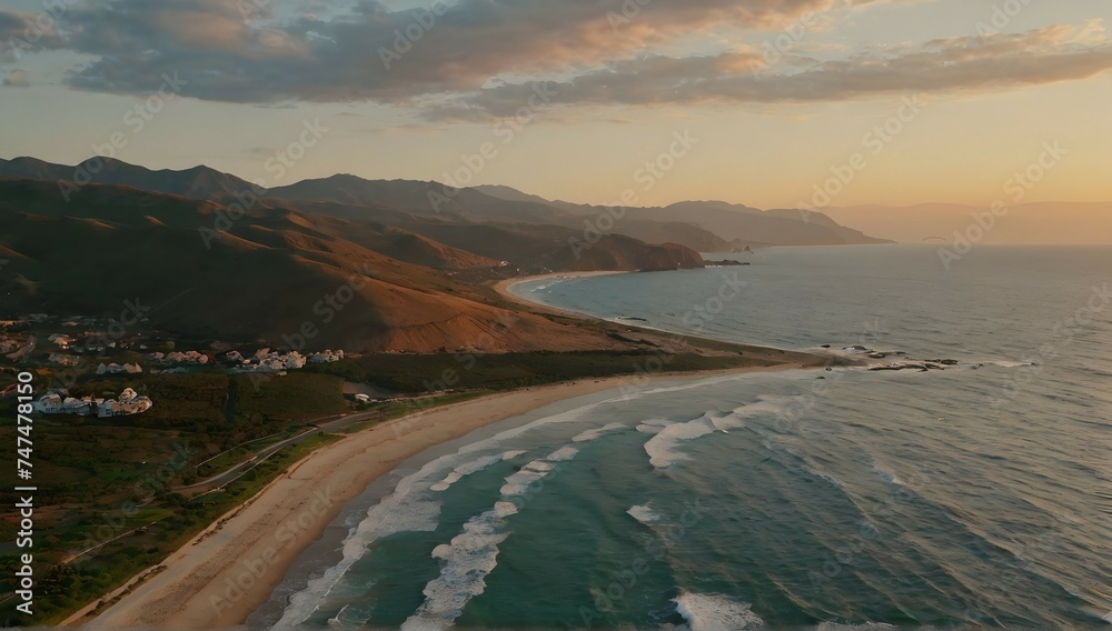 aerial beautiful shot of a seashore with hills on the background at sunset