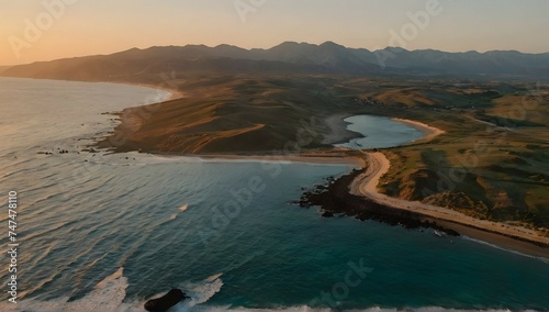 aerial beautiful shot of a seashore with hills on the background at sunset