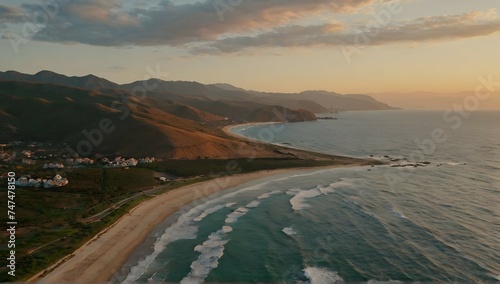 aerial beautiful shot of a seashore with hills on the background at sunset