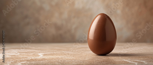 A solitary chocolate egg stands on a textured surface, its smooth curves contrasting with the rough background photo
