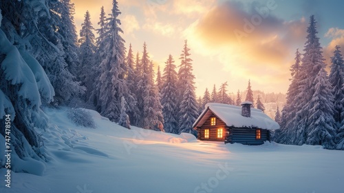 A lone log cabin radiates warmth with its glowing windows against the twilight of a tranquil, snow-covered forest landscape. Resplendent. © Summit Art Creations