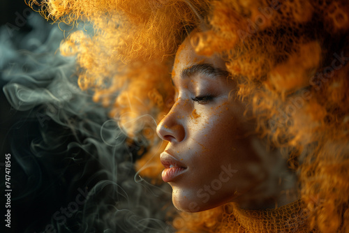Serene Woman With Vibrant Curly Hair in Soft Ambient Light
