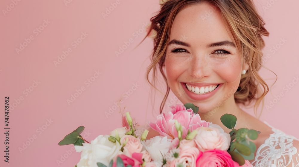 beautiful woman with flowers, bride, wedding, pink background beautiful woman with flowers, bride, wedding, pink background