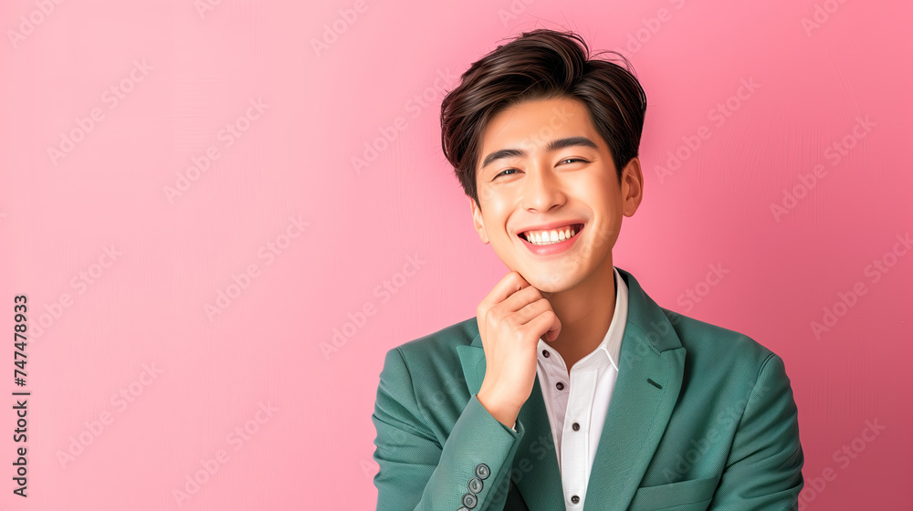 portrait of an asian groom bride, pink background, smiling portrait of an asian groom bride, pink background, smiling