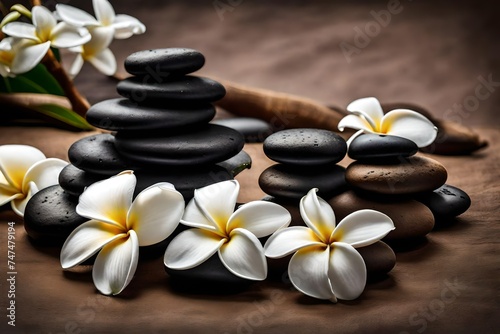 spa stones with frangipani flower  Immerse yourself in the serenity of a spa or meditation massage therapy center  where the delicate petals of white plumeria flowers cascade in a tranquil display