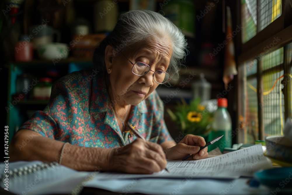 Senior woman counting savings and doing paperwork at home Senior woman counting savings and doing paperwork at home