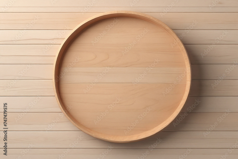 Εκτύπωση καμβά Top view of round wooden plate on wooden background. 3d rendering