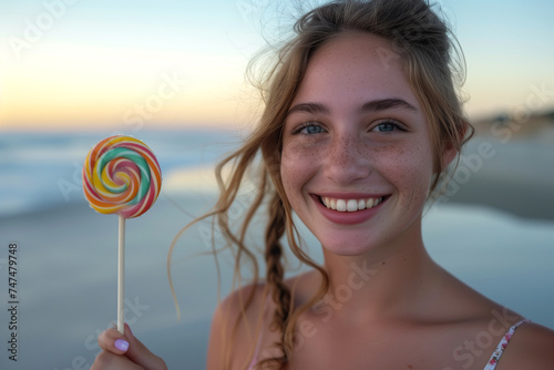Smiling woman with freckles eating lollipop at beach © Dzmitry