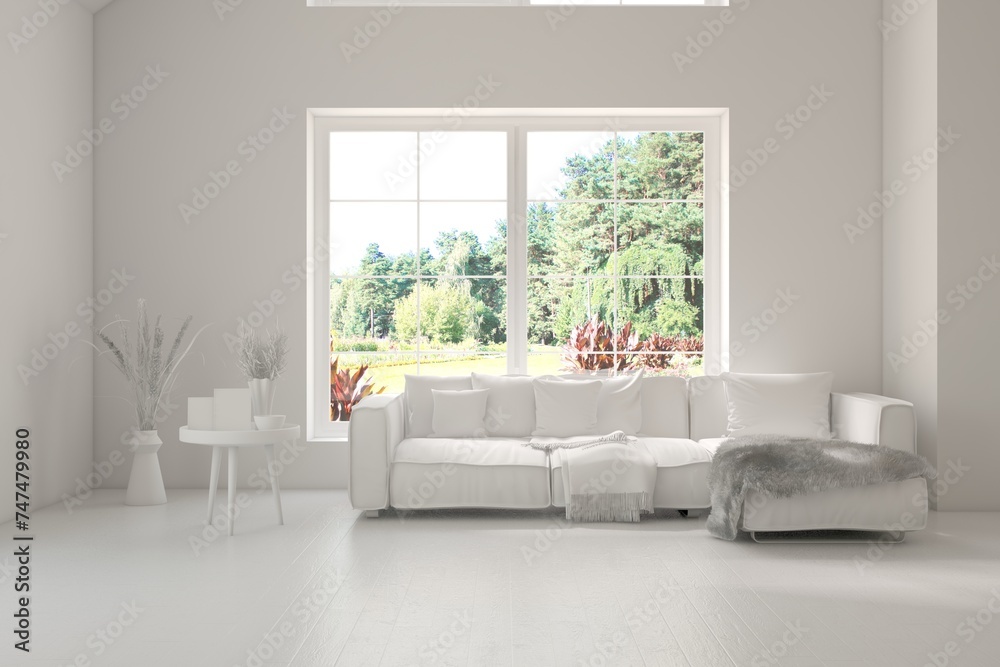 Modern interior concept with sofa and summer landscape in window. 3D illustration Modern interior concept with sofa and summer landscape in window. 3D illustration