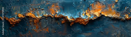 Captivating abstract textured panoramic image with striking blue and orange hues resembling a rugged landscape