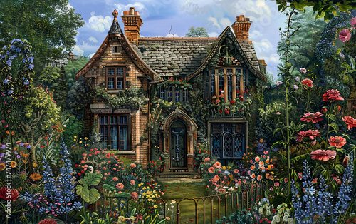 Enchanting illustration of a cozy beautiful house in an English garden full of flowers
