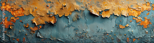 A close-up of a metal surface with orange paint peeling off, revealing blue layers underneath