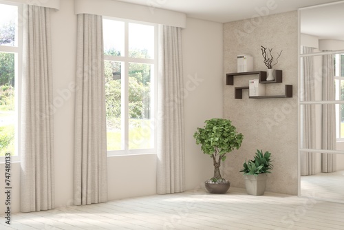 White empty room with summer landscape in window. Scandinavian interior design. 3D illustration