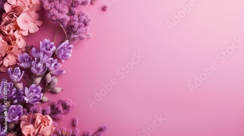 Beautiful delicate purple flowers on a purple background. Abstract layout of a colored frame with space for text. An invitation to a wedding. The concept of International Women s Day  Mother s Day.