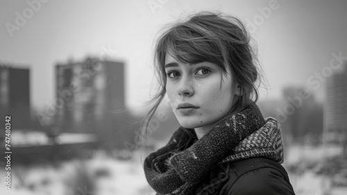 B&W Photojournalistic style portrait of a young woman in an industrial eastern European town. Gritty feel and Soviet era location. photo