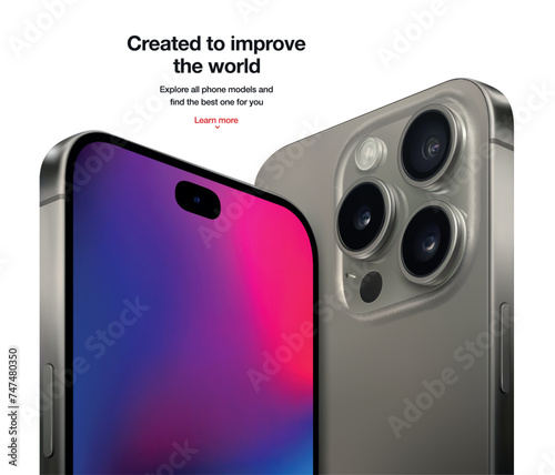 frameless grey smartphone with color screen, front and backside view, isolated on white background. realistic new mobile phone mockup. vector 3d isometric illustration