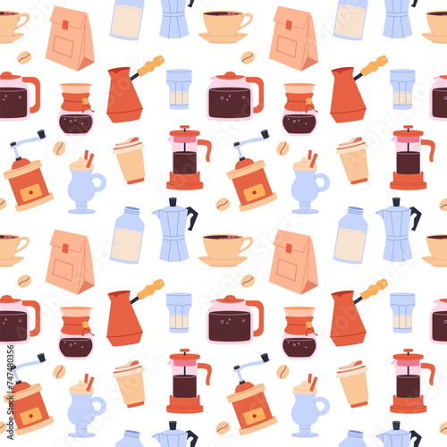 Coffee seamless pattern. Turk, coffee maker, French press, cup of coffee, cream, cappuccino