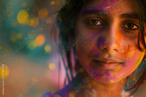 Close-up portrait of a girl enveloped in a vibrant cloud of colored powder paint, her joyous expression illuminating the celebration of Holi. Eyes sparkling with excitement.