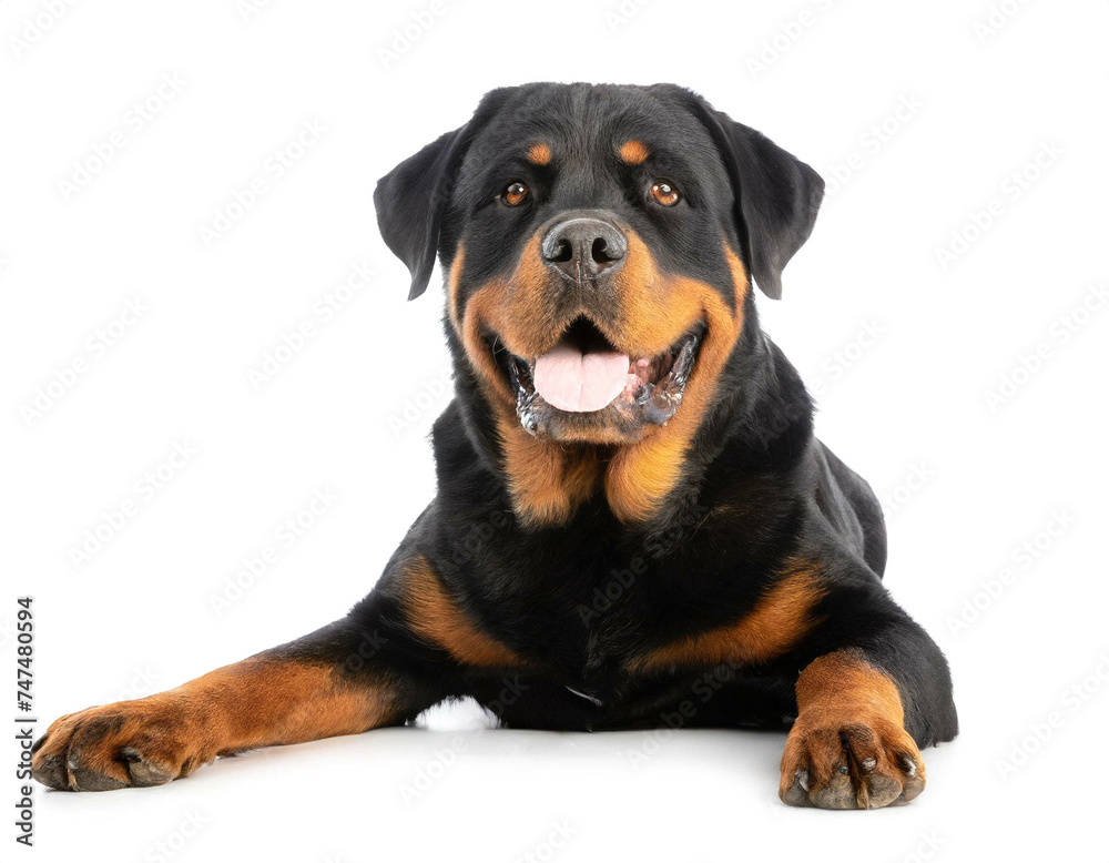 Rottweiler liegend isoliert auf weißen Hintergrund, Freisteller Rottweiler liegend isoliert auf weißen Hintergrund, Freisteller