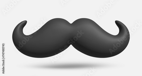 3d black vintage cartoon mustache. Plastic styled mustache logo template. isolated on white background. Realistic vector illustration for card, party, design, flyer, web, advertising