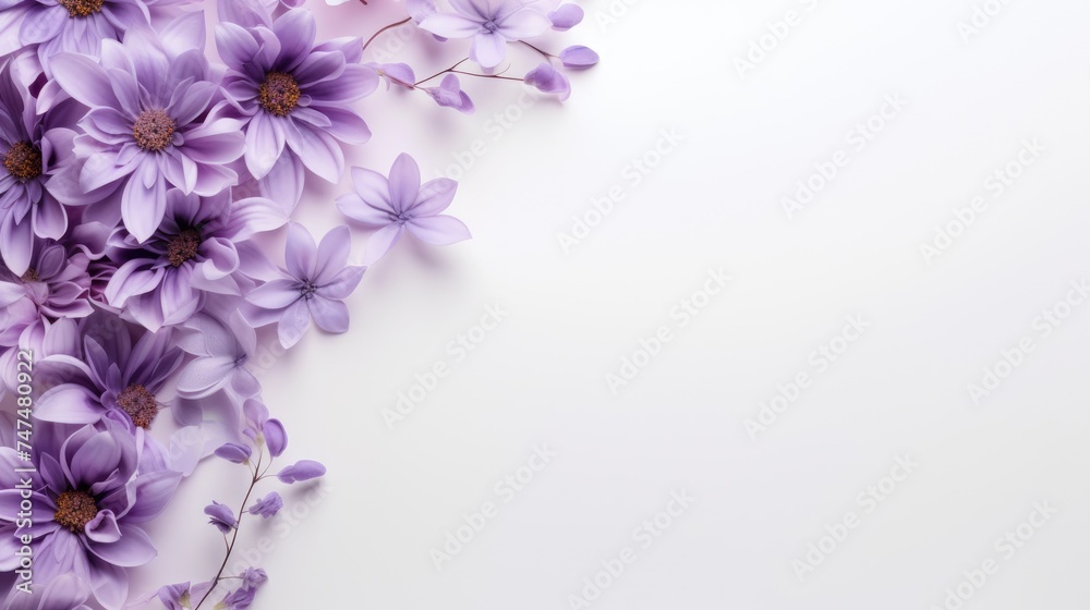 Obraz premium Beautiful delicate purple flowers on a white background. Abstract layout of a colored frame with space for text. An invitation to a wedding. The concept of International Women's Day, Mother's Day.