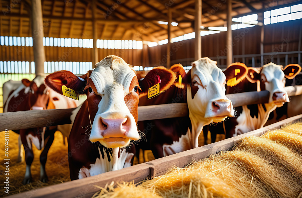 Group of cows at cowshed eating hay or fodder on dairy farm. Cows in a row grazing in a barn. Dairy farm cows indoor in the shed