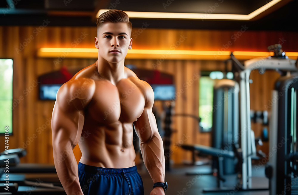 Naklejka premium Muscular young man posing with his arms crossed against. Fitness handsome and shirtless man standing on gym.