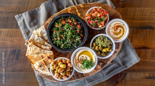 A Taste of the Mediterranean. An Assortment of Hummus, Tabouleh, Pita, and Olives - A Feast for the Senses on a Wooden Board. Savory Dips, Fresh Tabouleh, Warm Pita Bread, and Marinated Olives.