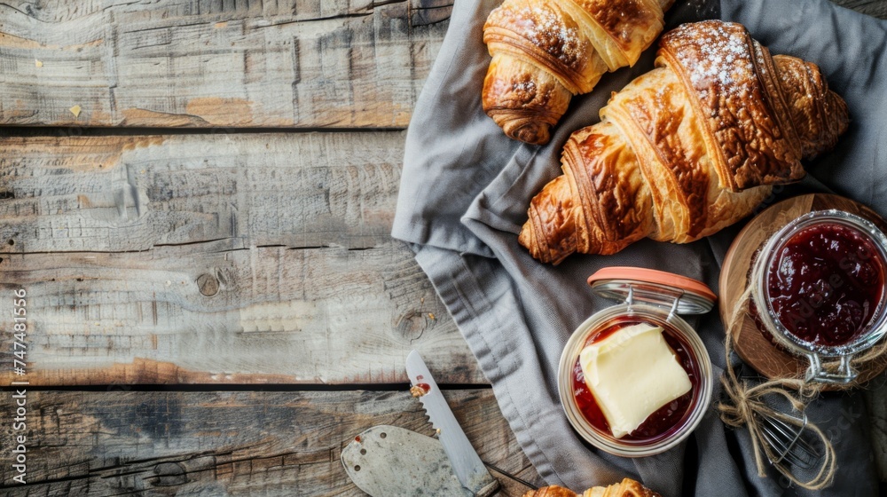 Freshly Baked Croissant Heaven. Golden Pastries Laid Out on a Rustic Tablecloth with Jam and Butter. Rustic Charm of Warm Croissants, Served with Rich Butter and Sweet Jam.
