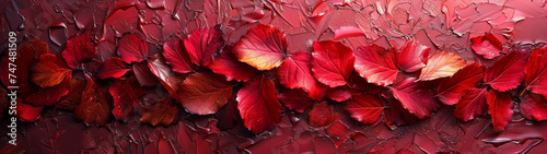 Red autumn leaves with water drops, creating a fresh and vibrant natural background with seasonal appeal