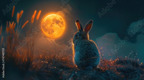 In a captivating nighttime scene, a rabbit sits peacefully on a mossy knoll under the glow of a full moon, surrounded by twinkling lights.