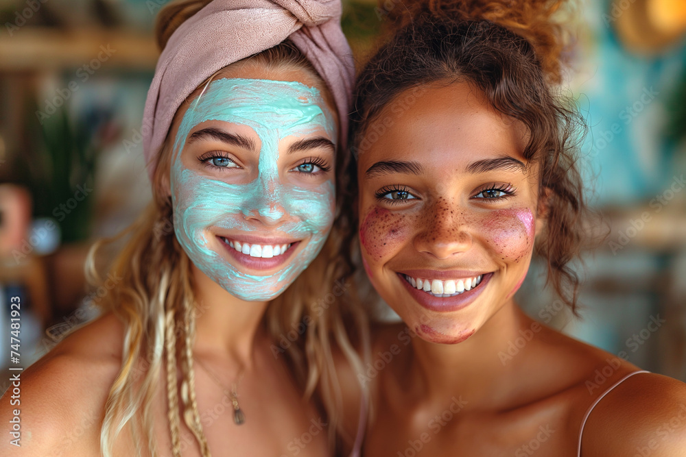 Two happy young women applying facial masks at home Two happy young women applying facial masks at home