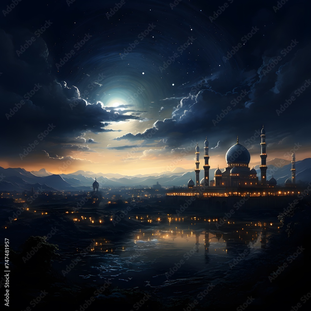 mosque on the horizon, with the moon rising in the background