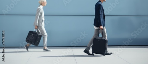 businesspeople walking with suitcases in modern office, panoramic shot. Travel and business concept. Travel and tourism concept with copy space. Copy space. 
