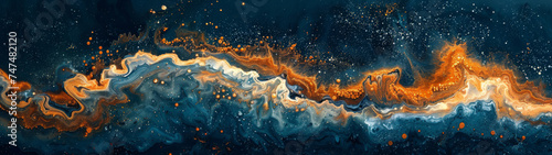 A painting-like depiction of a cosmic scene, blending fiery orange with serene blues to create a surreal landscape
