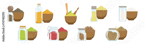 Different Spice and Condiment Pile for Cooking Vector Set