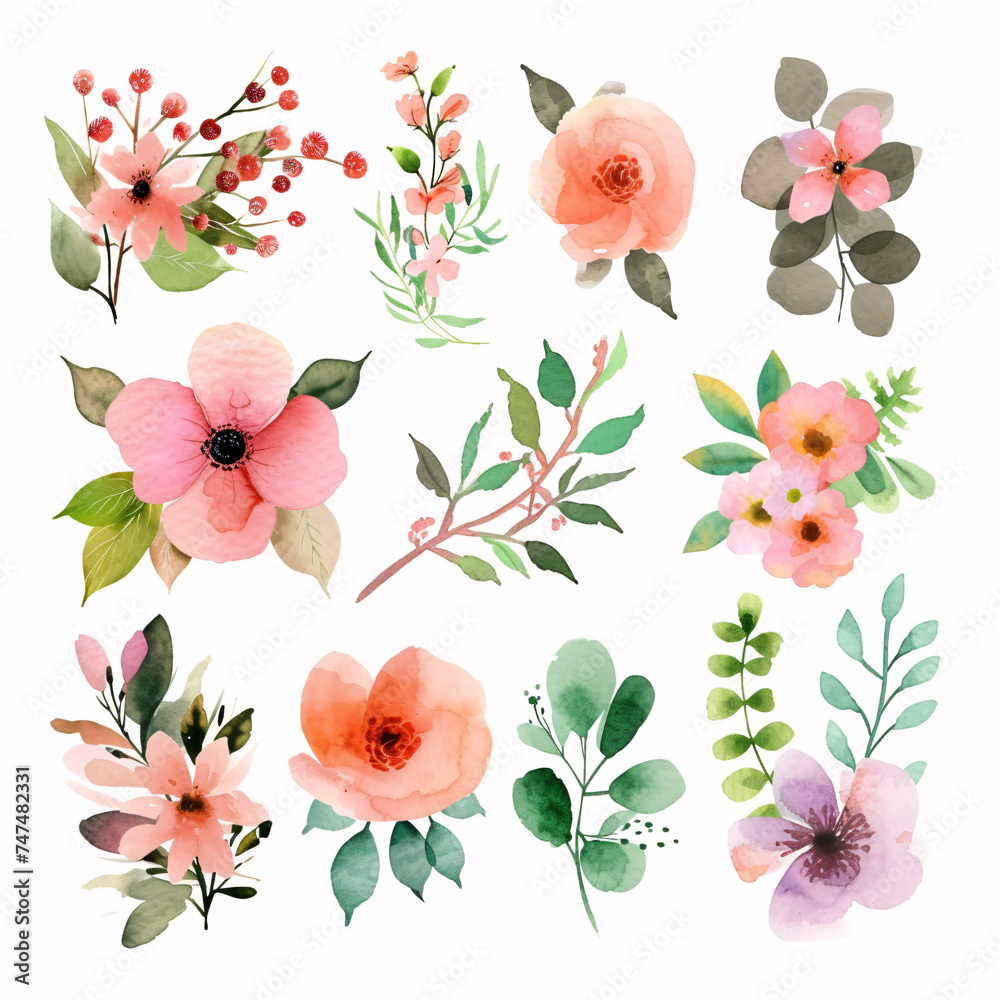 watercolor floral illustration set for wedding invitations, greetings, wallpapers, fashion, prints isolated on white background