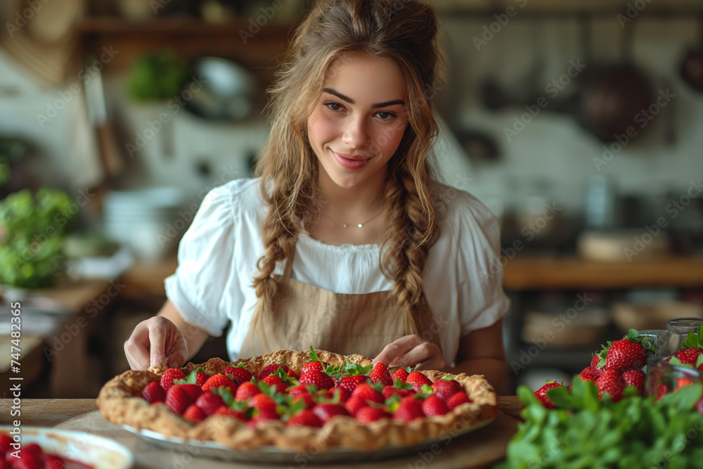 Young woman garnishing pies with strawberries and mint