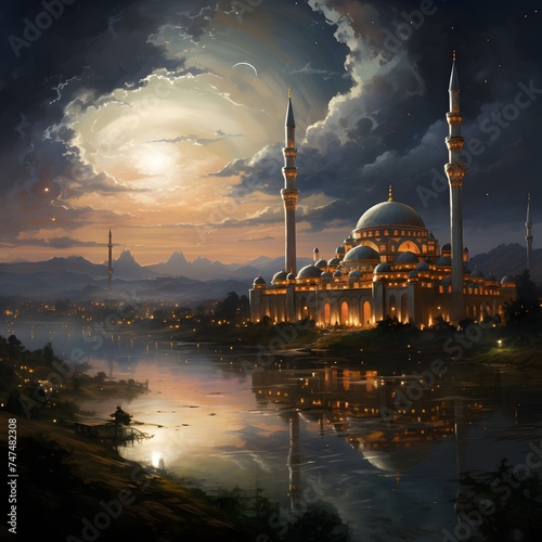 mosque on the horizon, with the moon rising in the background
