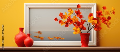 A decorative wooden frame holds a glass vase with red and yellow Glorios flowers on a white shelf against a yellow background.