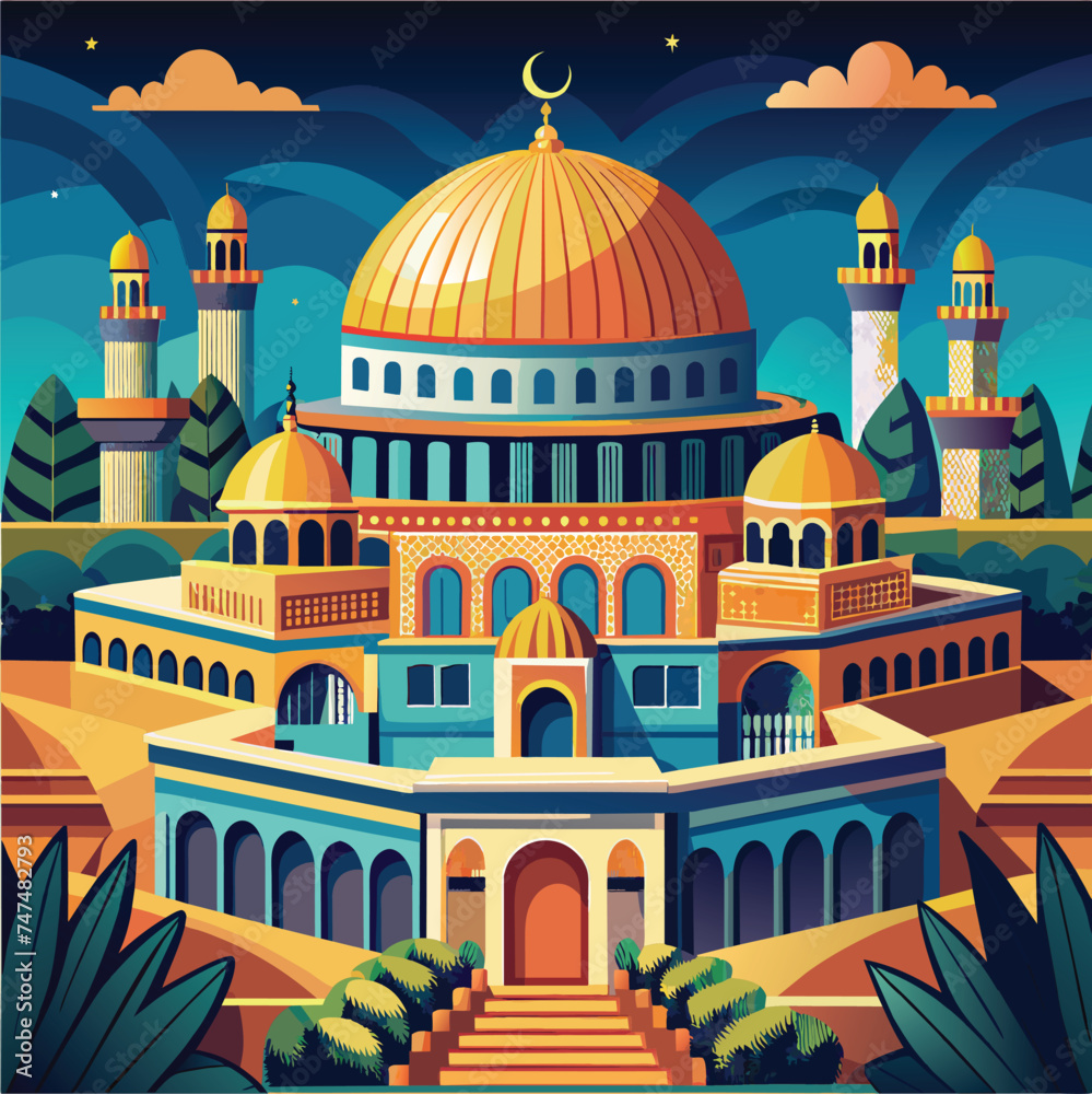 al Aqsa illustration Isra Miraj  vector illustration, Dom of Rock vector, Dome of the Rock Jerusalem mosque
