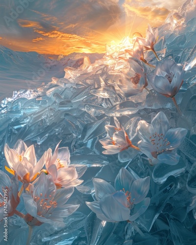 a group of white flowers floating on top of a body of water with a sunset in the sky behind them. photo