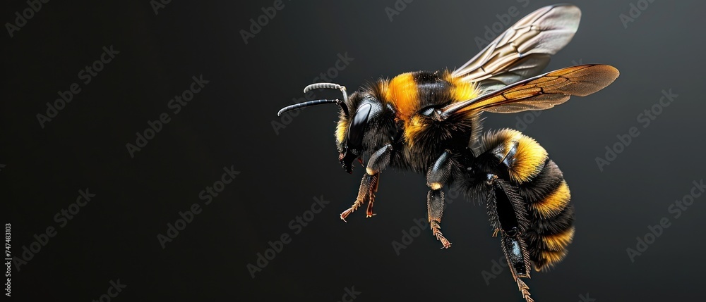 a close up of a bee flying in the air with it's head turned to look like a bee. - obrazy, fototapety, plakaty 