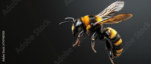 a close up of a bee flying in the air with it's head turned to look like a bee. photo