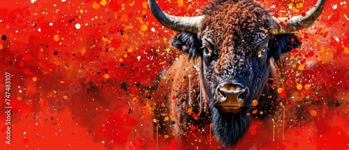 a painting of a bull's head with orange and red paint splattered on it's face. photo