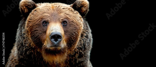 a close up of a brown bear's face on a black background with a blurry look on its face.