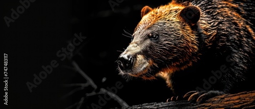 a close up of a bear on a tree branch with a black background and a blurry image of a bear in the background. photo