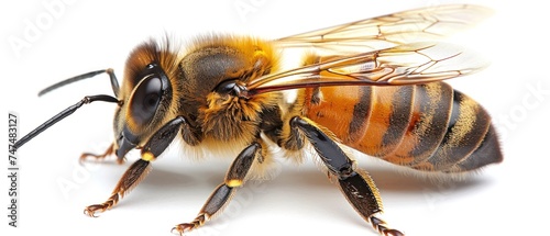 a close up of a bee on a white background with a blurry effect to the front of the image. photo